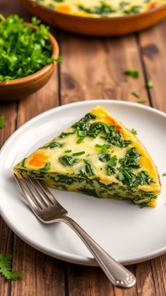 A slice of kale and cheese frittata on a plate, garnished with herbs, with a fork beside it.